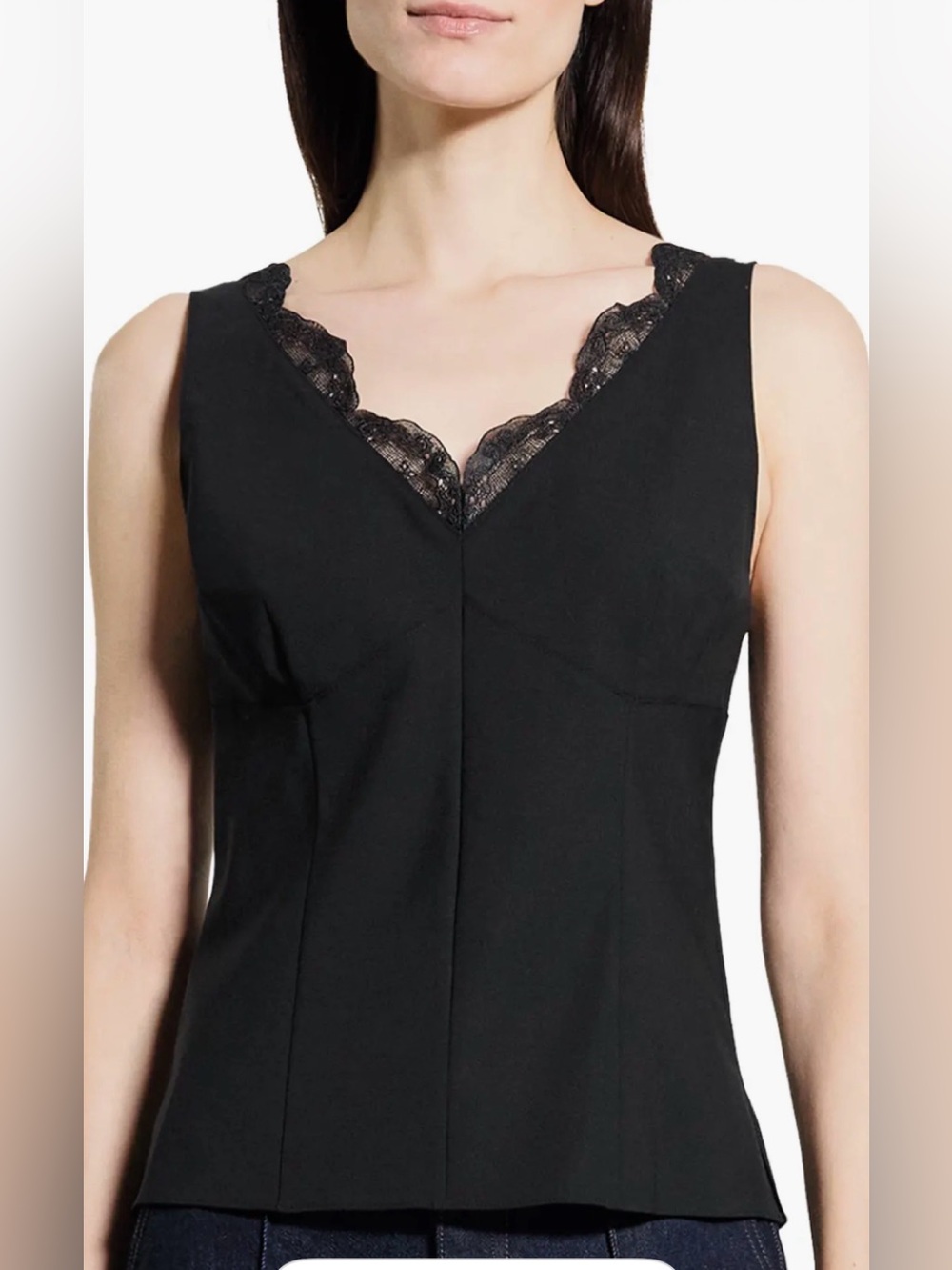 Theory Black virgin wool Lace-Trim V-Neck Sleeveless top